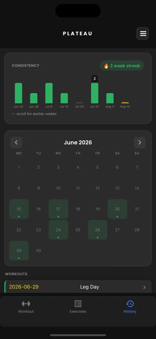 Workout history with a calendar of training days and a weekly consistency graph