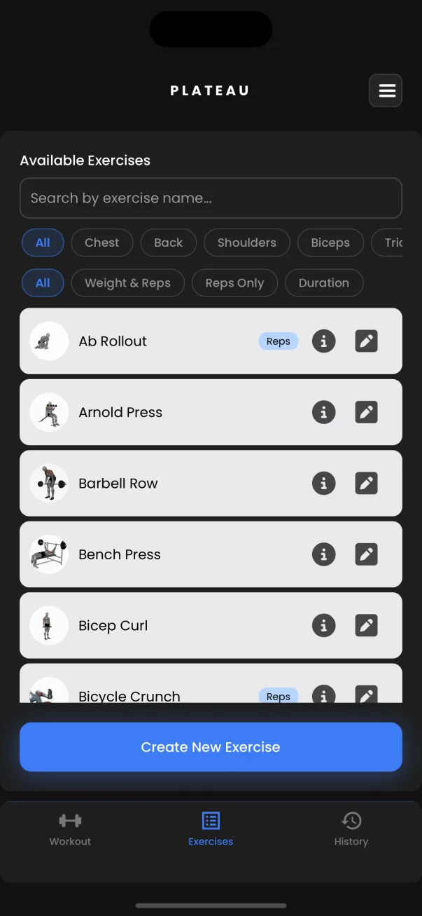 Plateau&rsquo;s exercise library with body-part and exercise-type filters
