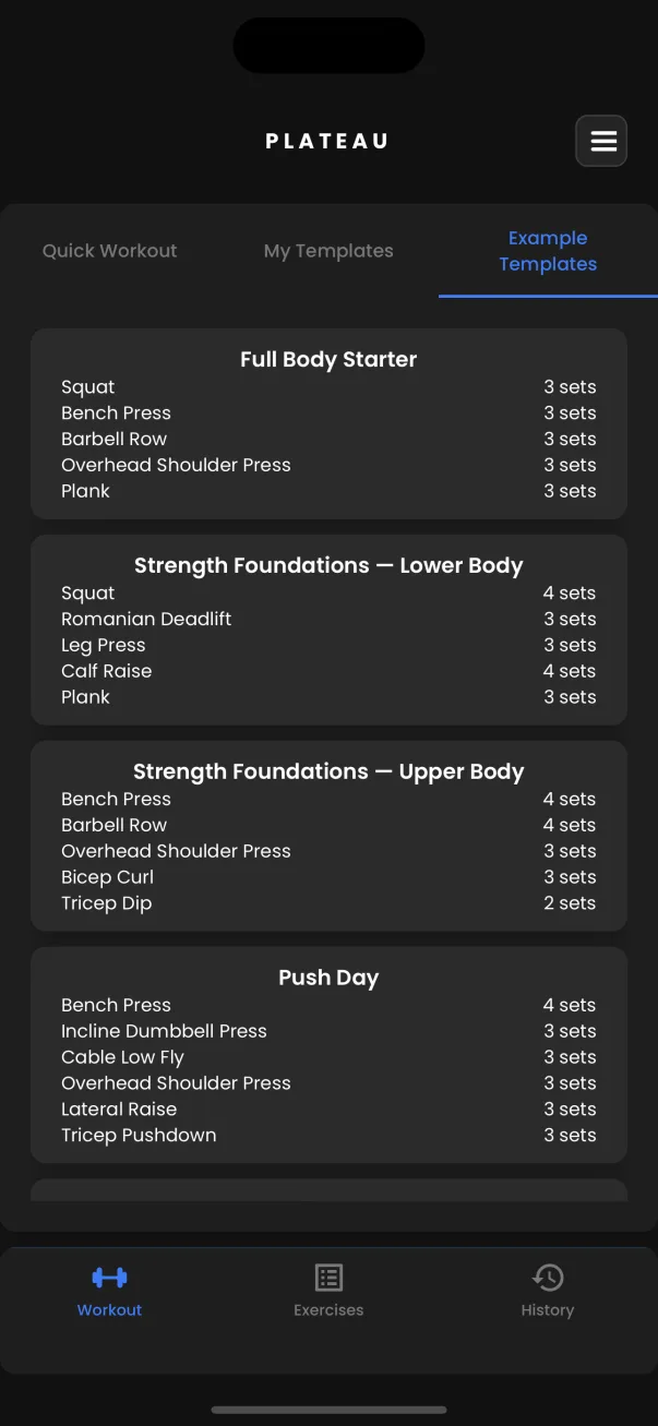 Plateau&rsquo;s workout tab listing reusable training templates