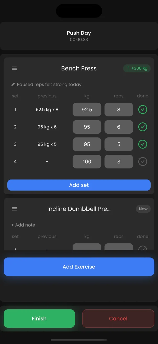 Plateau logging sets for a bench press during an active workout